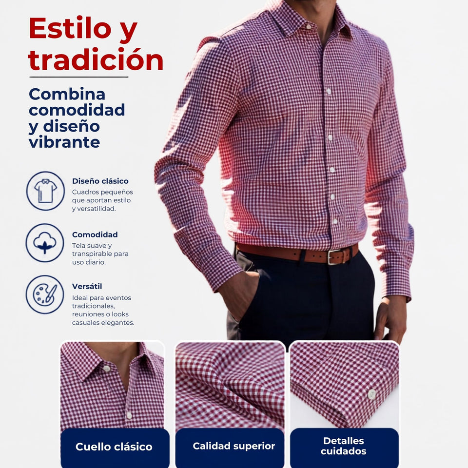 Camisa Huaso Cuadrillé Cuadro Manga Larga 100% Algodón Rojo Negro Casual