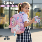 Mochila Escolar Con Estuche 33cm Poliéster Impermeable Unicornio Niña