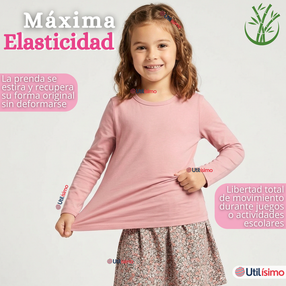 Pack 3 Camisetas Poleras Bambú Cuello Redondo Rosado Claro Primera Capa Manga Larga Niña