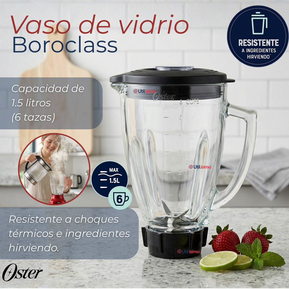 Licuadora Oster® con vaso de vidrio y 6 velocidades más pulso 800 Watts 1,5Litros