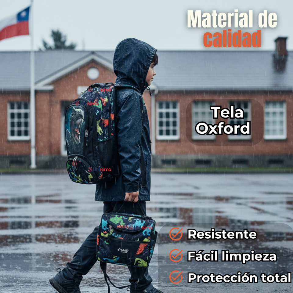 Mochila Escolar Kit Con Estuche y Lonchera 43cm Tela Oxford Dino Niño