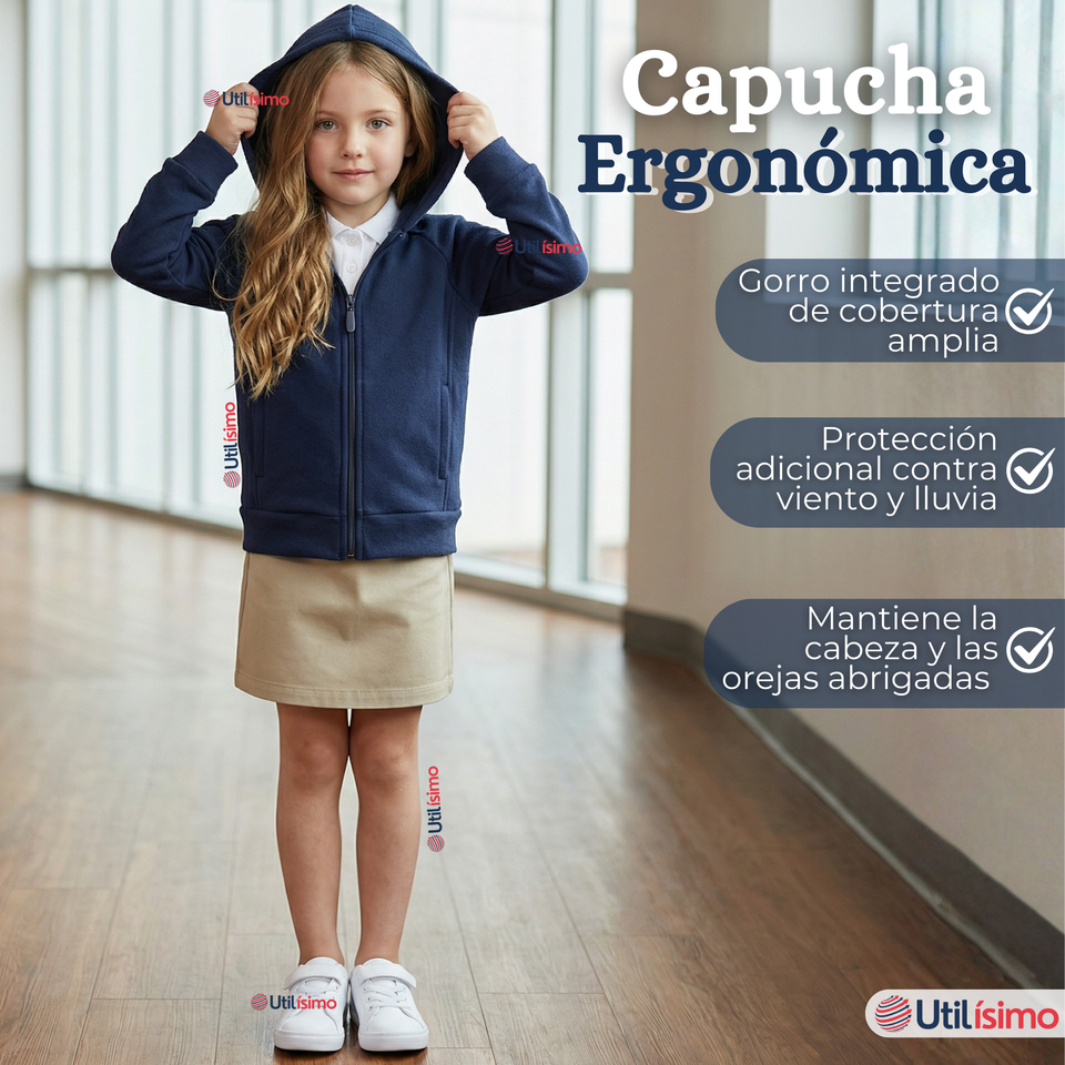 Polerón Escolar Polar Con Capucha Niña Unisex Azul 5 a 12 años