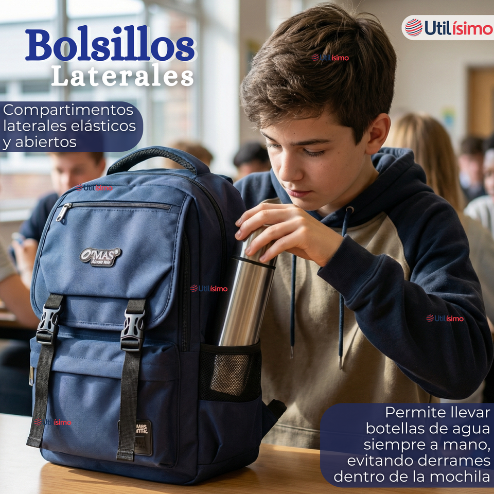 Mochila Escolar Azul Broches Impermeable Poliéster 48cm Niño