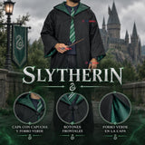 Disfraz Mago Verde Con Capa + Bufanda + Corbata + Varita Slytherin Adulto
