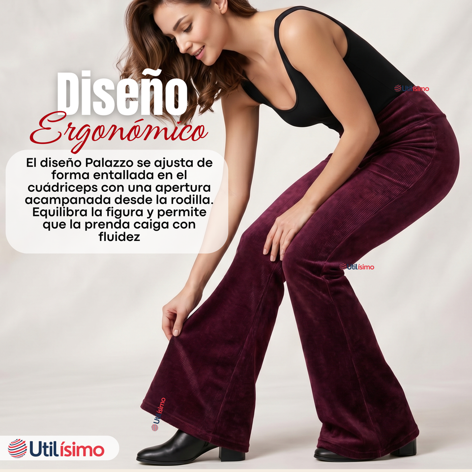 Pantalón Cotelé Palazzo Polar Con Chiporro Elasticado Térmico Burdeo