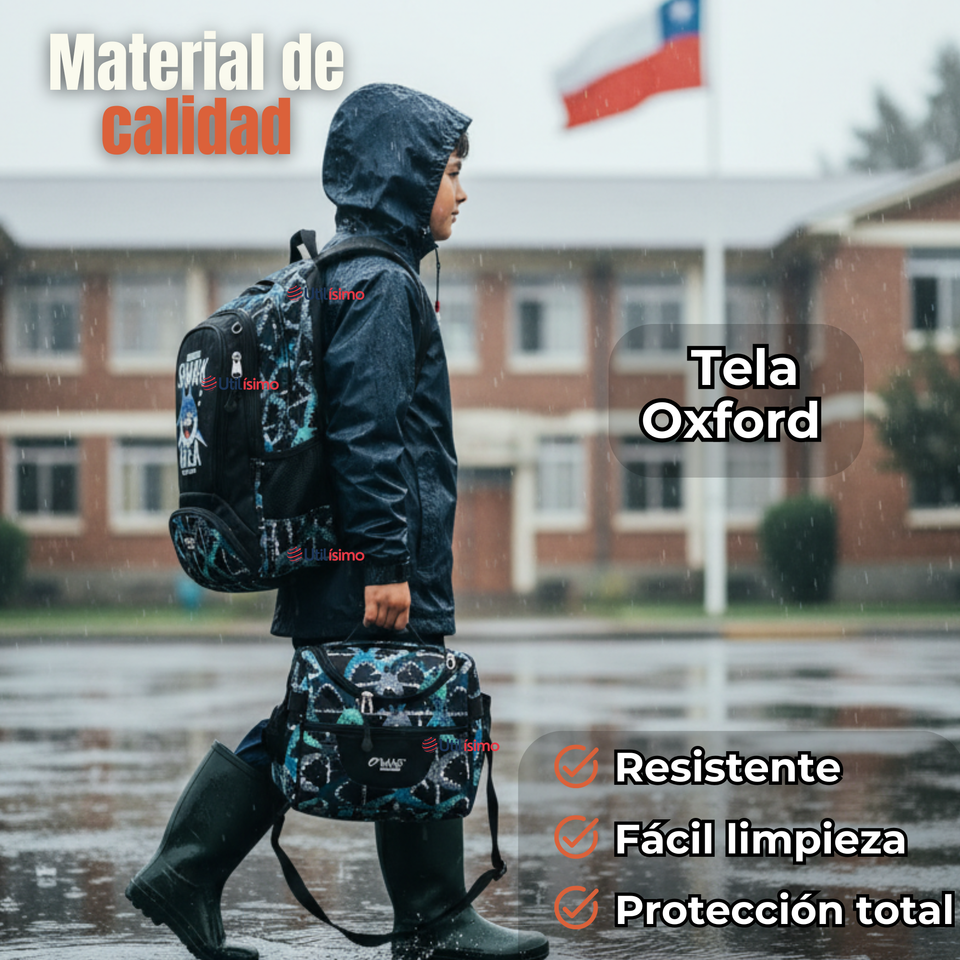 Mochila Escolar Kit Con Estuche y Lonchera 43cm Tela Oxford Baby Shark Niño