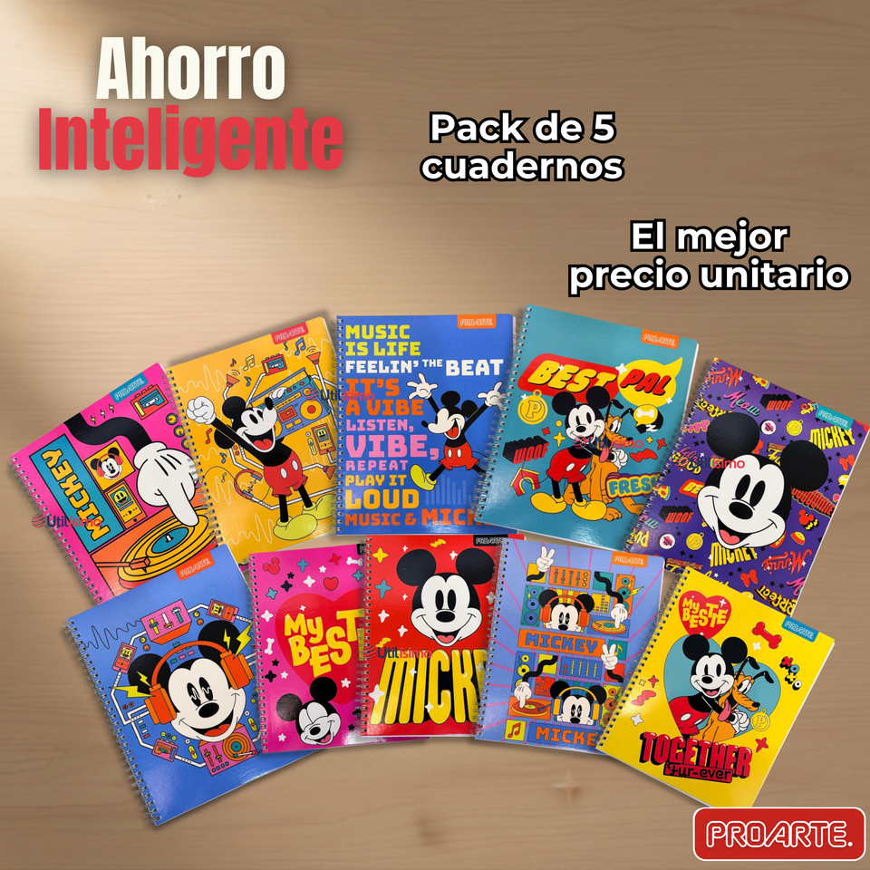 Pack 5 Cuadernos Universitarios Mickey Mouse Proarte 7mm 100 Hojas Diseños Surtidos