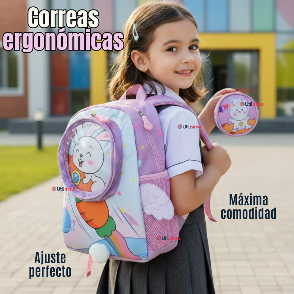 Mochila Escolar Con Estuche 33cm Poliéster Impermeable Conejita Niña