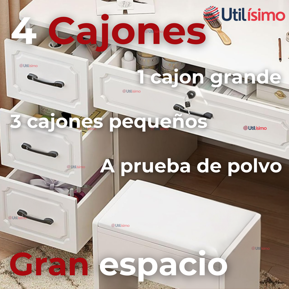 Tocador De Lujo Espejo Con Luz Integrada 4 Cajones MDF Blanco 137x80x48cm