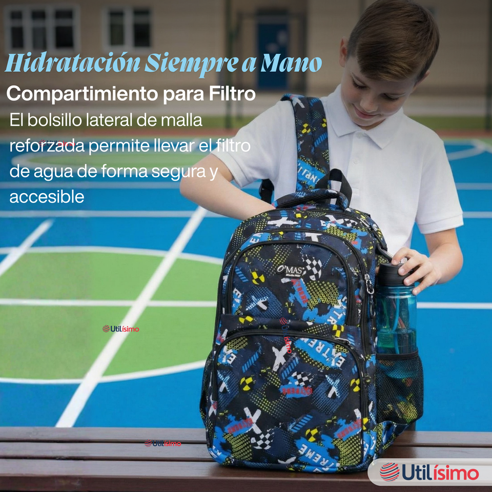 Mochila Bolso Escolar + Lonchera + Estuche 45Cm Niño Tela Oxford Extreme