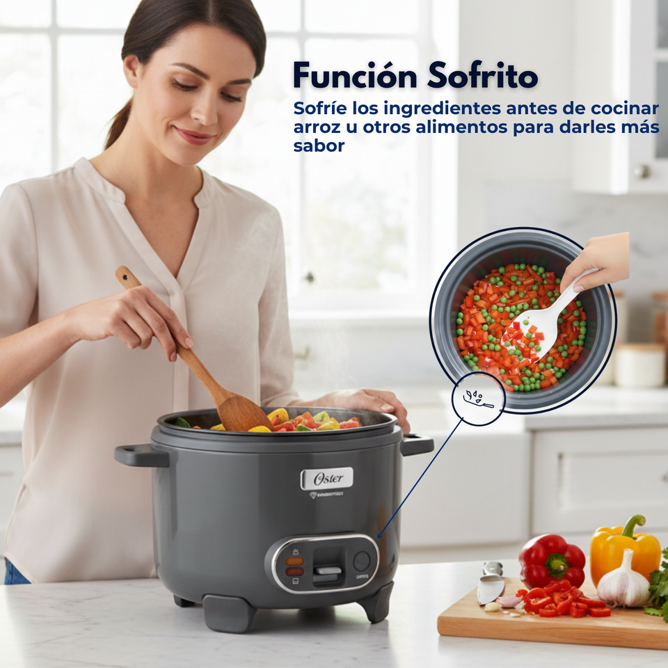 Oster Arrocera 3 en 1, 10 Tazas de Capacidad Función de Sofrito, Vaporera, Recubrimiento Antiadherente Oster DiamondForce, CKSTRC10DFSKE