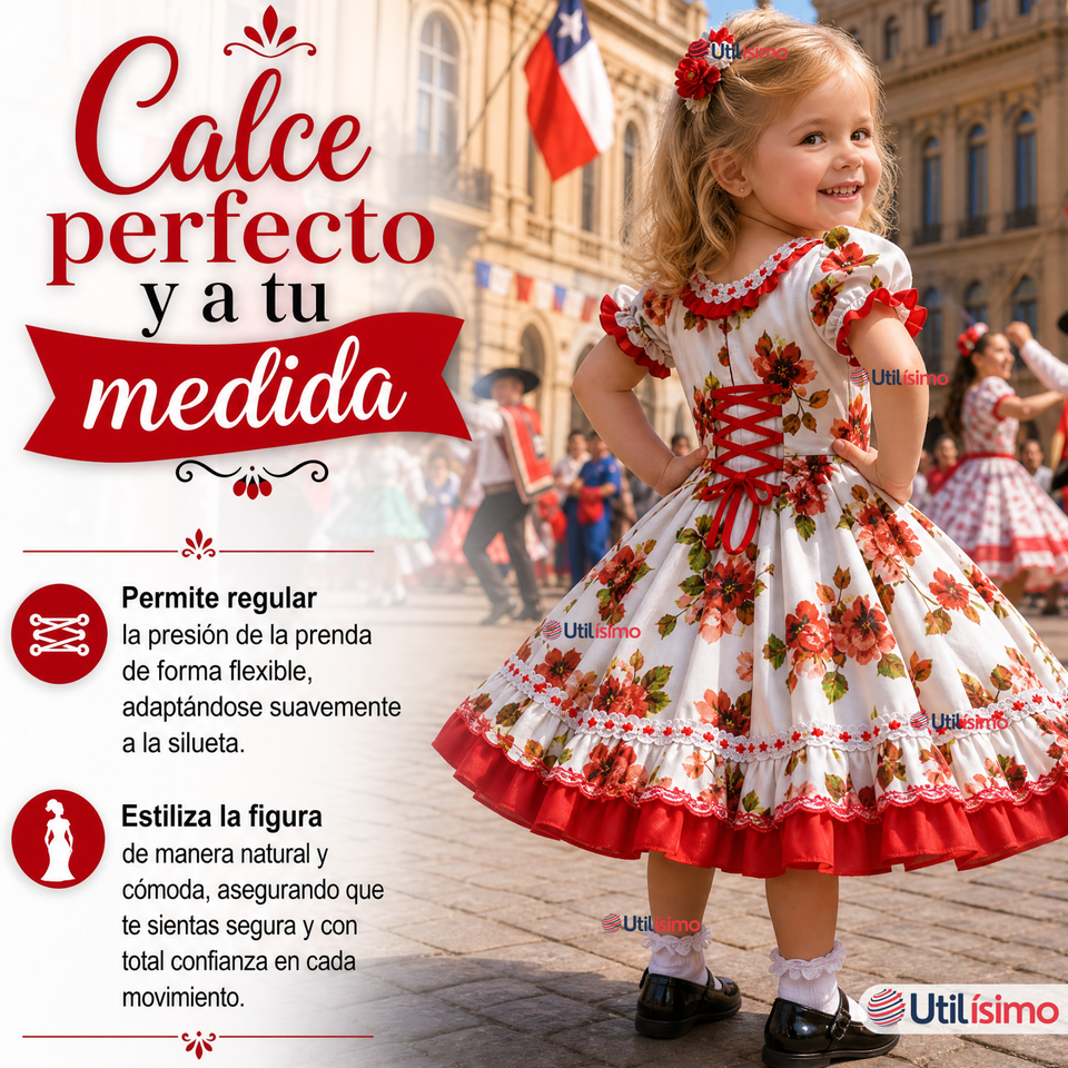Vestido Chinita Huasa Niña Rojo Floreado Cueca Fiestas Patrias