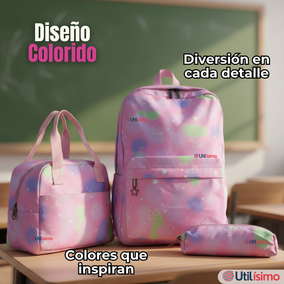 Mochila Escolar Kit Con Estuche y Lonchera 43cm Tela Oxford Niña