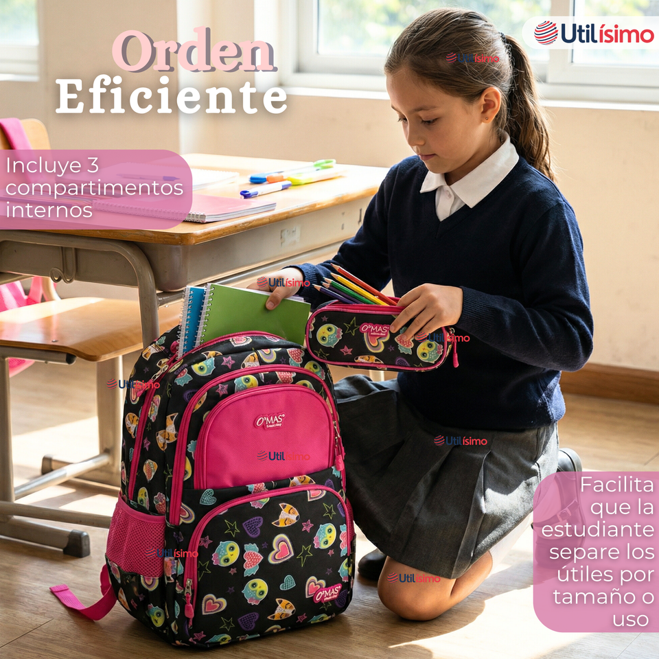 Mochila Escolar + Estuche + Lonchera 43cm Tela Oxford Negro Corazones Niña