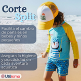 Traje de Baño Manga Larga Pantalón Corto 2 Piezas Corte Split Niño 3 a 9 años Blue Penguin