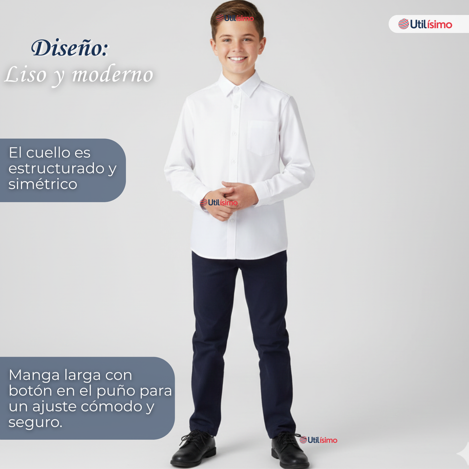 Camisa Colegio Escolar Manga Larga Niños y Juvenil