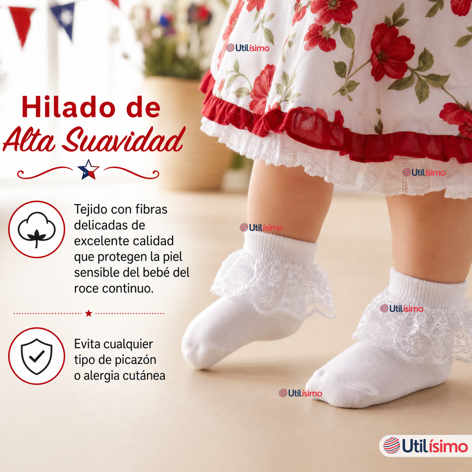 1 Par Calcetines Encaje Vuelos Bebé Algodón Fiestas Patrias Infantil