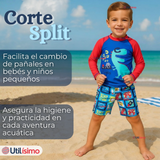 Traje de Baño Manga Larga Pantalón Corto 2 Piezas Corte Split Niño 3 a 9 años Blue Dinosaur