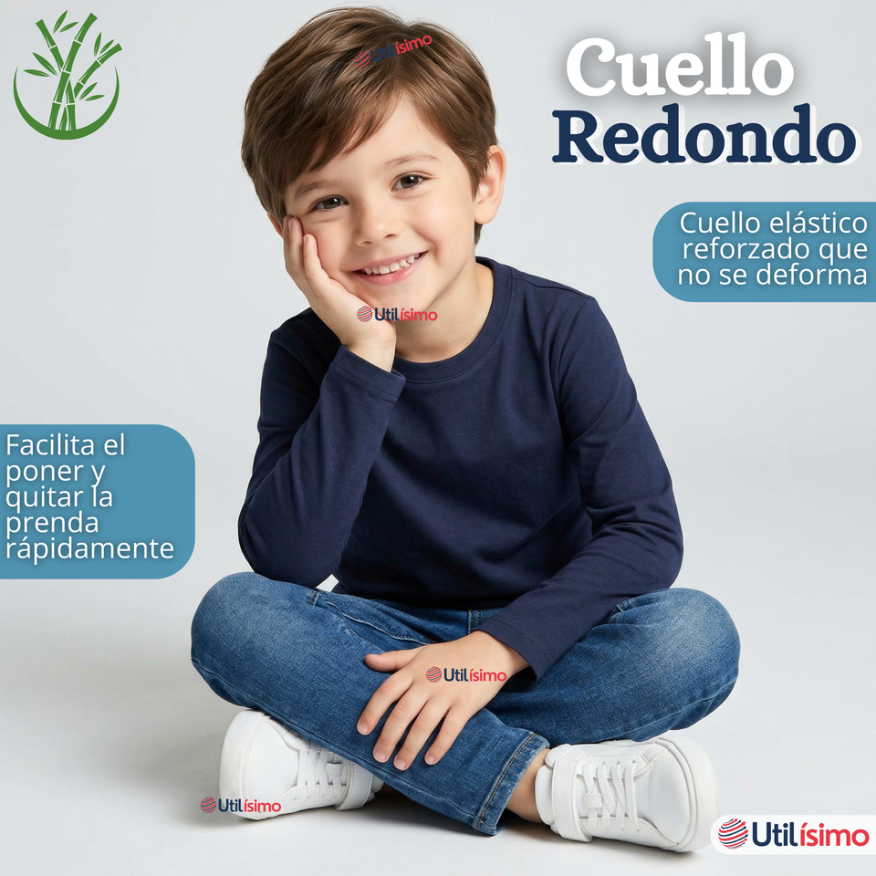Pack 3 Poleras Camisetas Bambú Azul Oscuro Cuello Redondo Primera Capa Manga Larga Niño