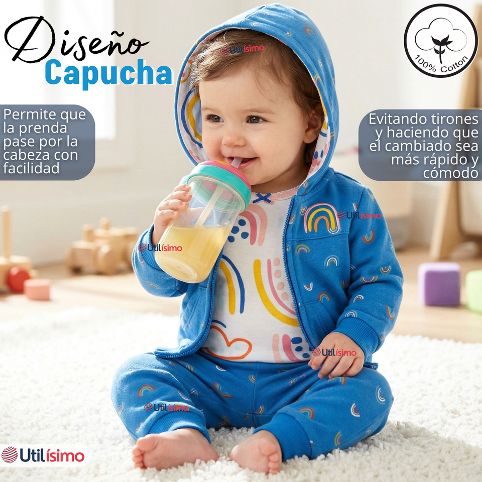 Conjunto 3 Piezas Buzo Pantalón Polerón Body De Algodón Azul Arcoiris Bebé Niña