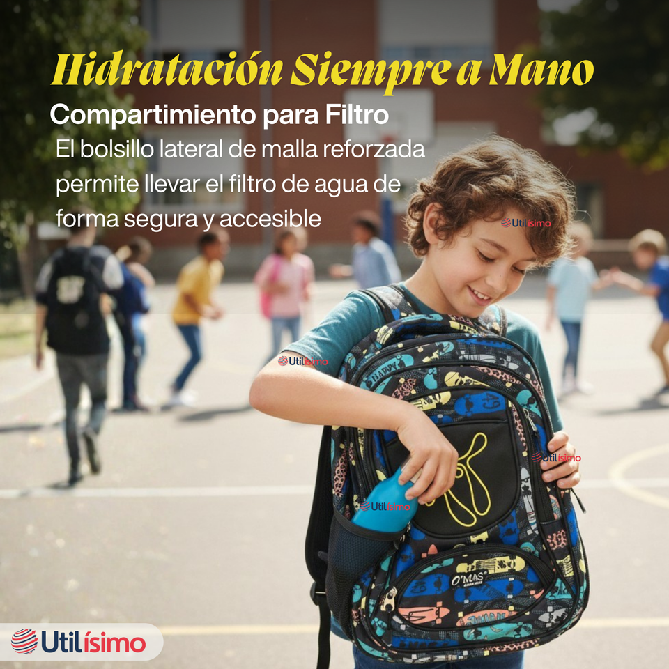 Mochila Escolar Bolso Con Estuche 43Cm Tela Oxford Niño Happy Skate