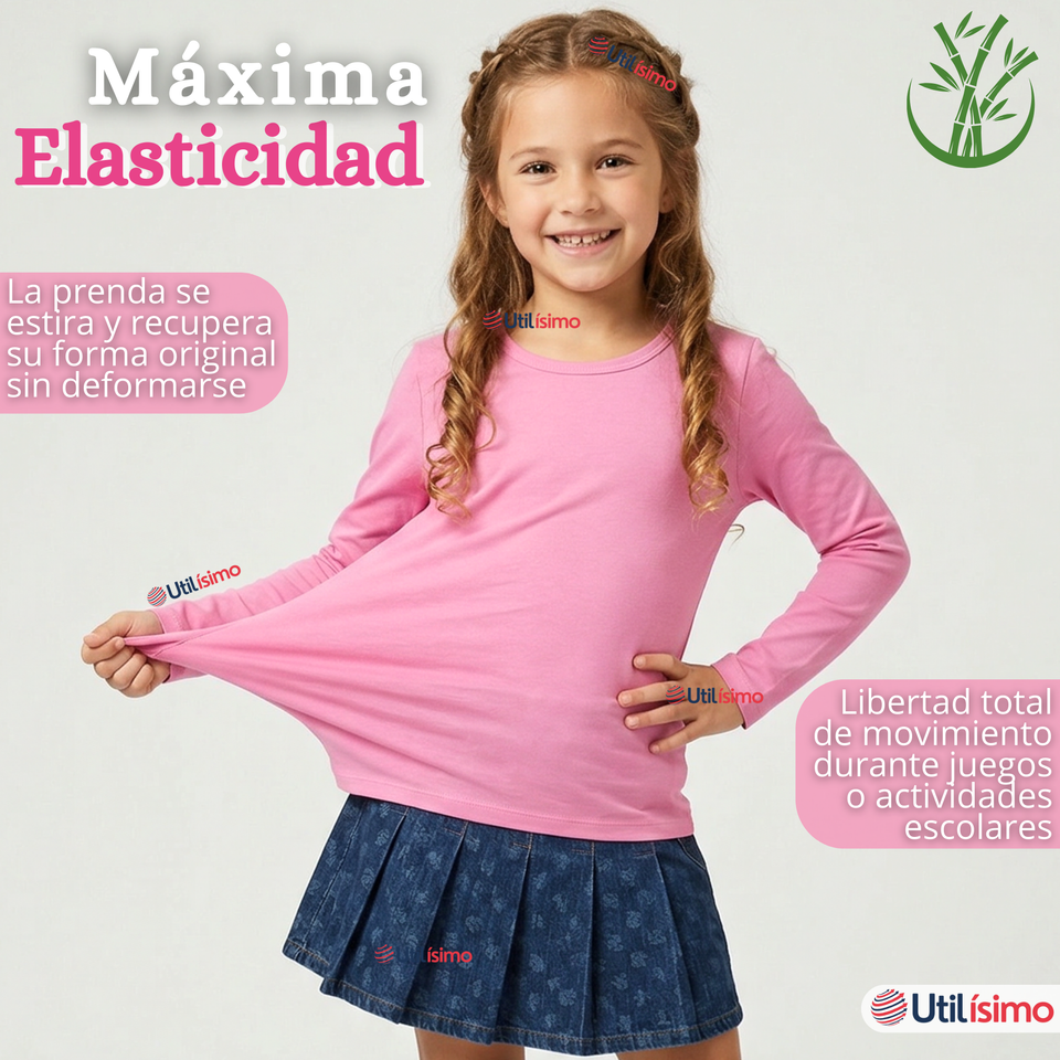 Camiseta Polera Bambú Cuello Redondo Rosado Oscuro Primera Capa Manga Larga Niña