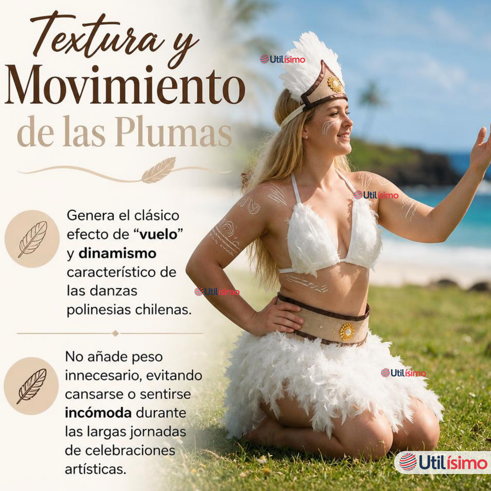 Traje Pascuense Típico Blanco Con Plumas 3 Piezas Juvenil Rapa Nui Fiestas Patrias