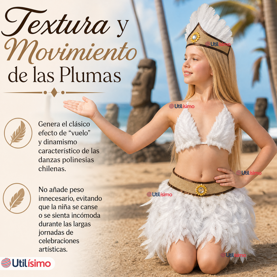 Traje Pascuense Típico Blanco Con Plumas 3 Piezas Juvenil Rapa Nui Fiestas Patrias