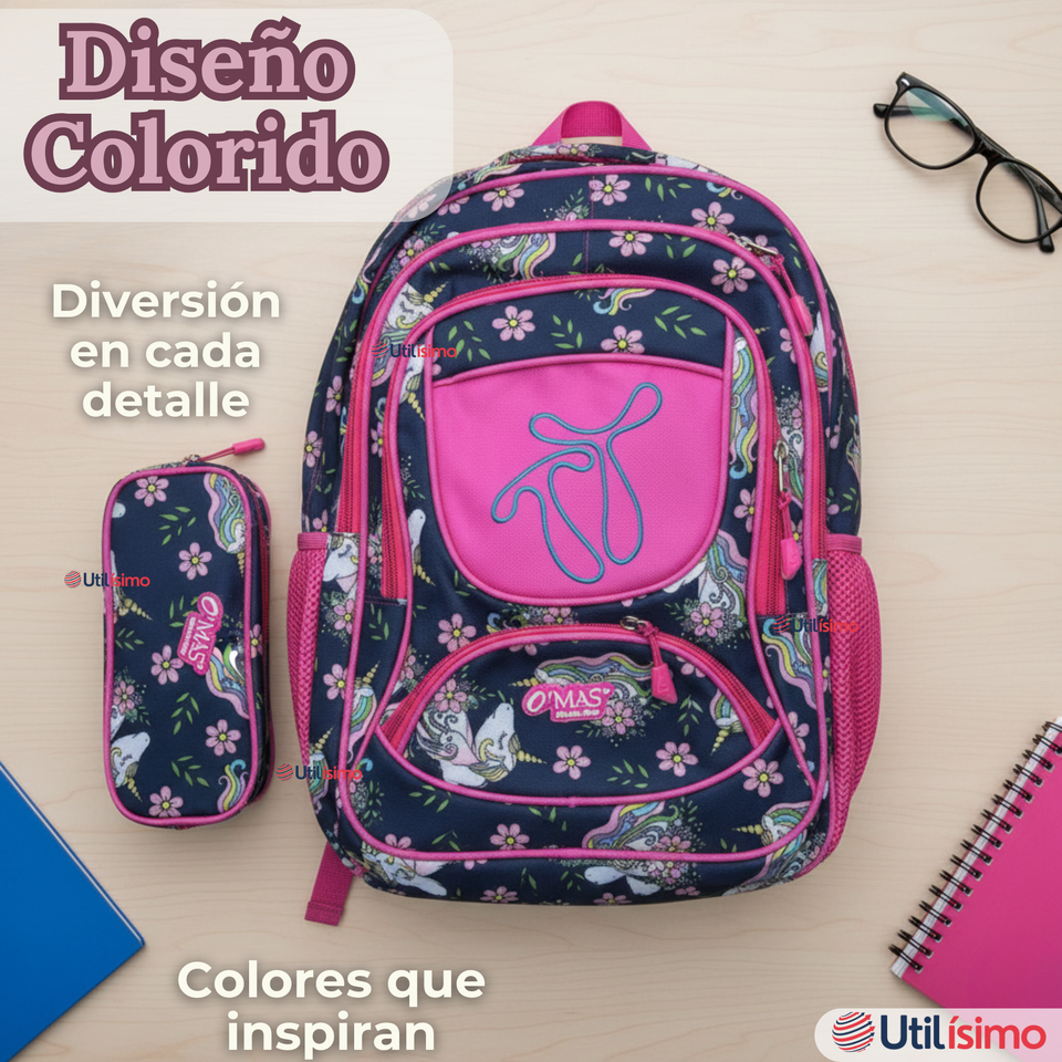 Mochila Escolar Con Estuche 43cm Tela Oxford Impermeable Niña