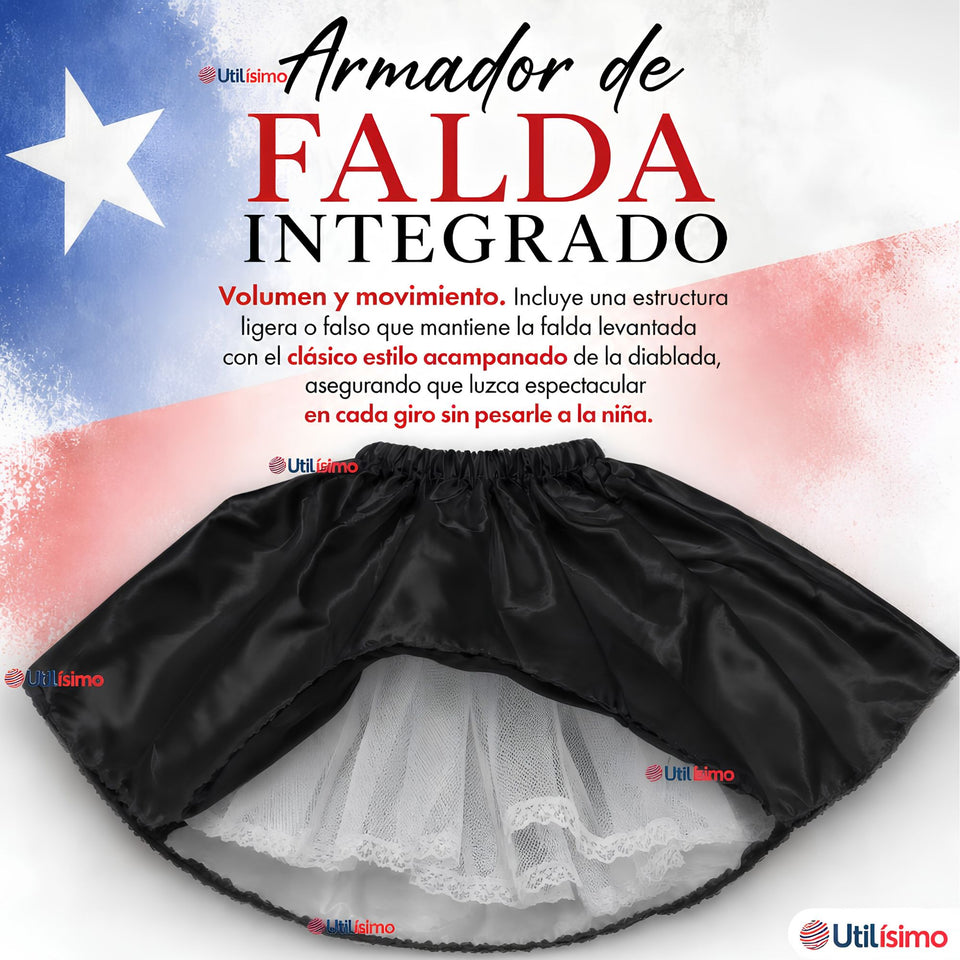 Traje Tirana Diablada Negro 3 Piezas Niña Baile Típico Fiestas Patrias