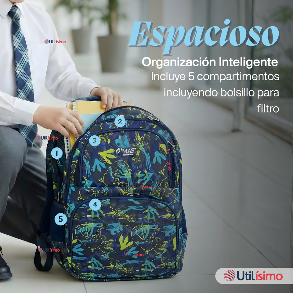 Mochila Bolso Escolar + Lonchera + Estuche 45Cm Niño Tela Oxford Blue Dinosaur
