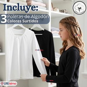 Pack 3 Camisetas Poleras Algodón Cuello Redondo Primera Capa Manga Larga Colores Surtidos Niña
