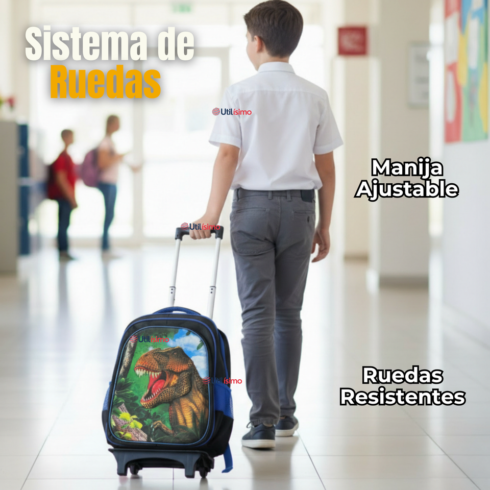 Mochila Escolar Con Ruedas + Estuche + Lonchera Poliéster Dinosaurio Niño