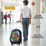 Mochila Escolar Con Ruedas + Estuche + Lonchera Poliéster Dinosaurio Niño