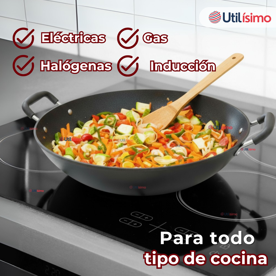 Wok Chino Acero Inoxidable Antiadherente 34cm+ Cuchara de Madera de Bambú