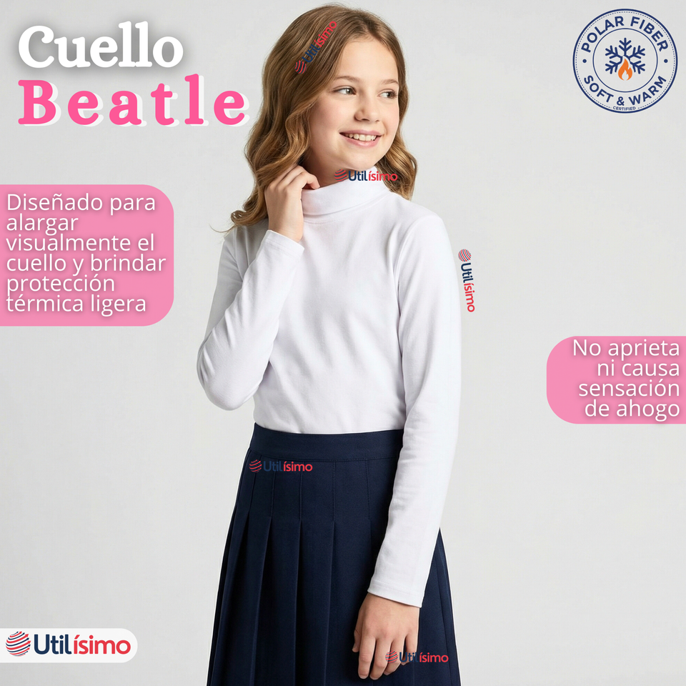Pack 3 Poleras Camisetas Polar Blanca Primera Capa Cuello Beatle Manga Larga Niña