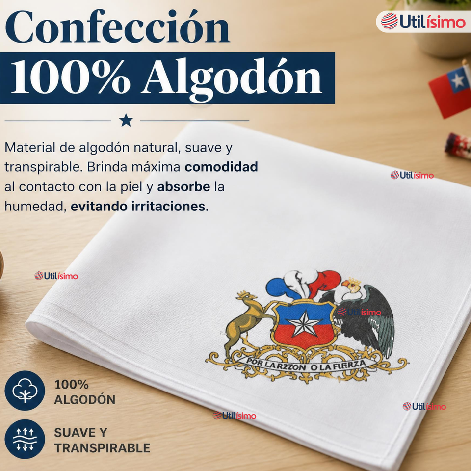 Pack 6 Pañuelos Baile Cueca 36cm Bordado Escudo Chileno Algodón Fiestas Patrias
