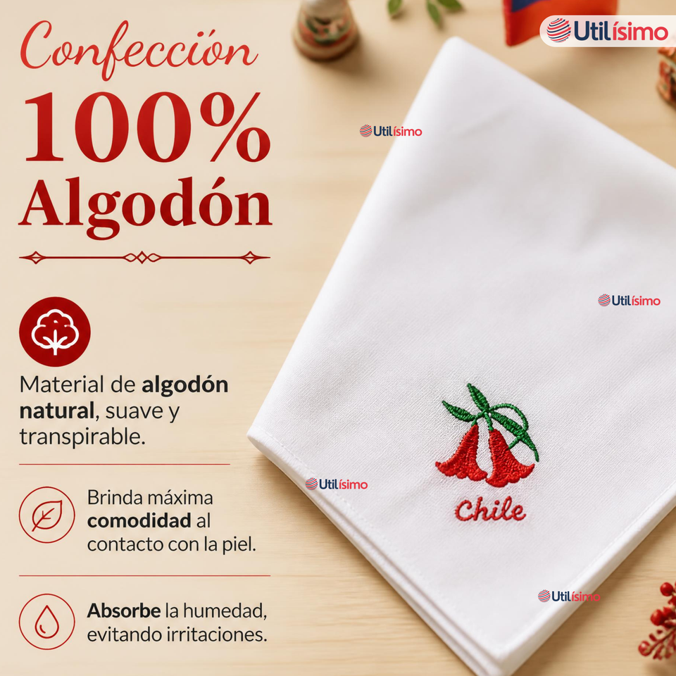 Pack 6 Pañuelos Baile Cueca 28cm Bordado Flor Copihue Algodón Fiestas Patrias