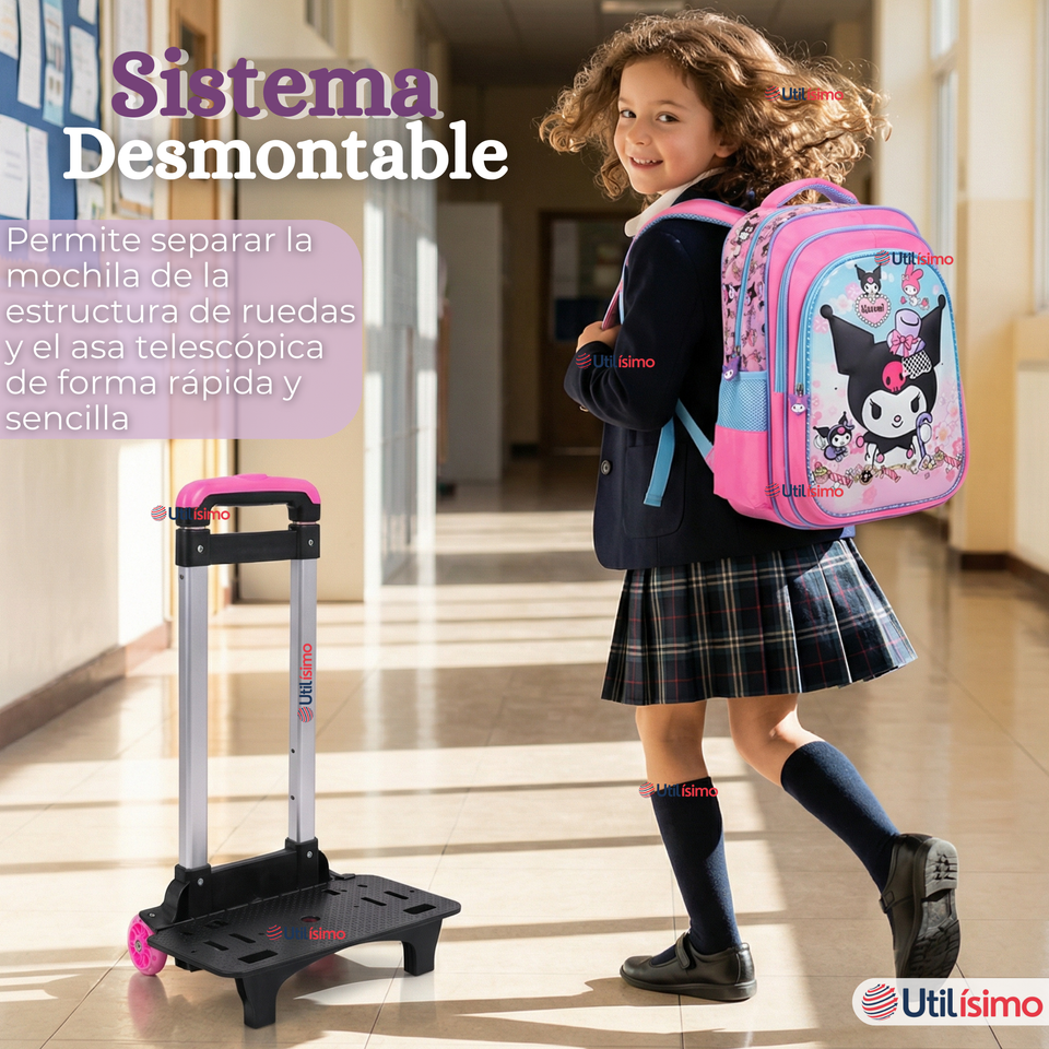 Mochila Escolar Kuromi 3D Con Ruedas Desmontable + Estuche + Lonchera Poliéster Rosa Niña