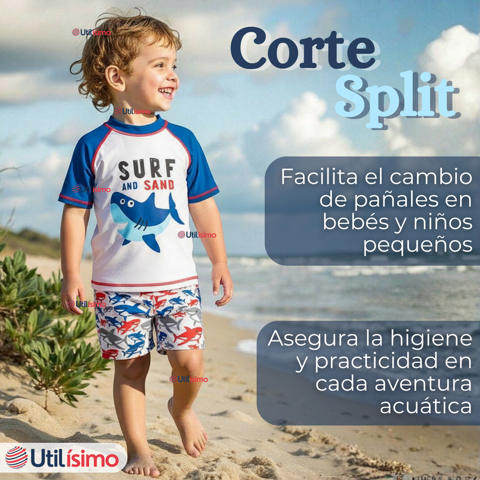 Traje de Baño Manga Corta Pantalón Corto 2 Piezas Corte Split Niño 2 a 4 años Blue Azul