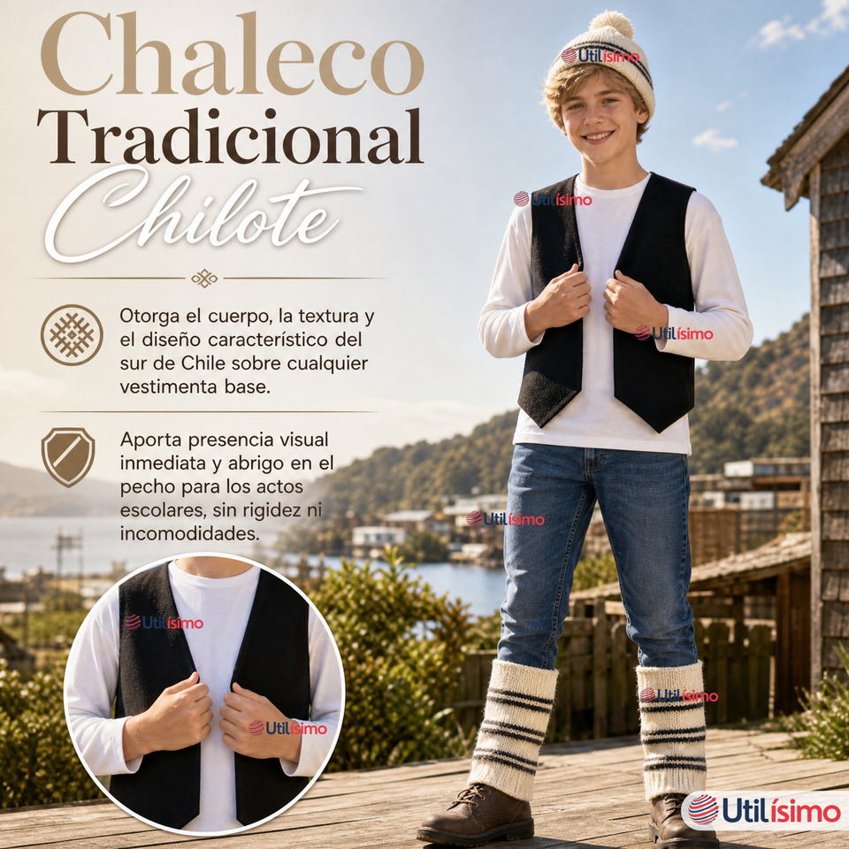 Vestimenta Chilote 3 Piezas Chaleco Gorro Polainas Niño Fiestas Patrias