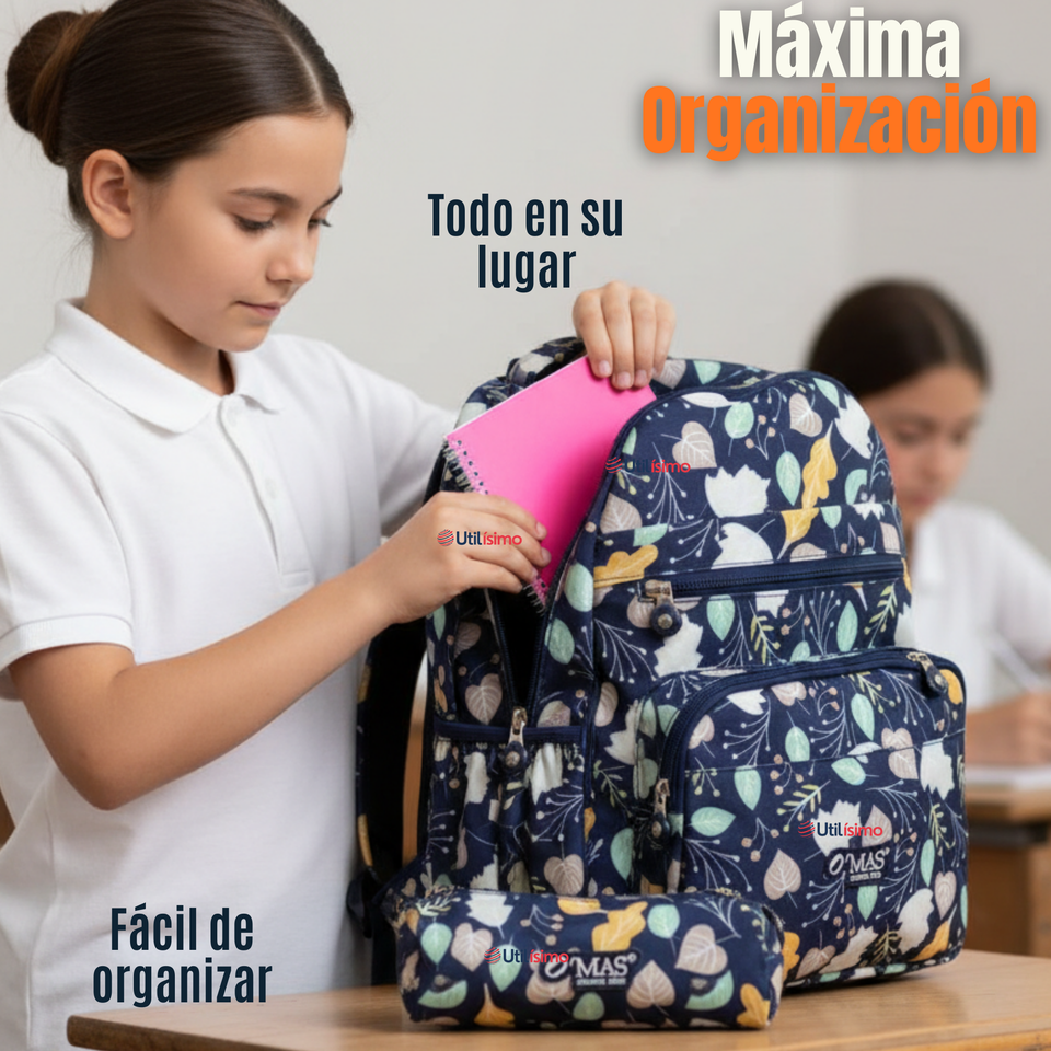 Mochila Escolar Con Estuche 46cm Poliéster Impermeable Niña Juvenil