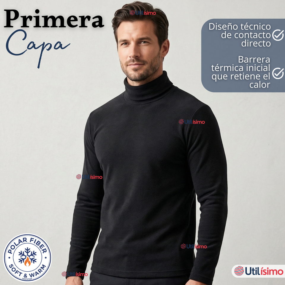 Camiseta Polera Polar Primera Capa Cuello Beatle Manga Larga Negro Hombre