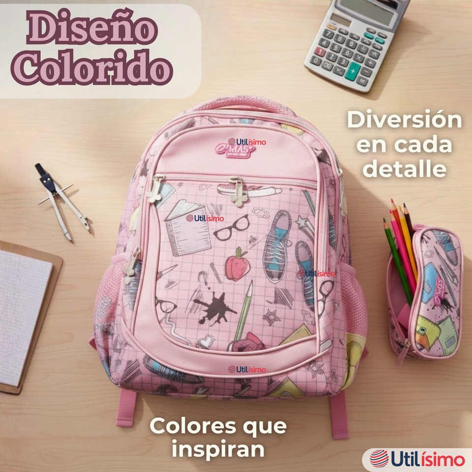 Mochila Escolar Con Estuche 43cm Tela Oxford Impermeable Niña