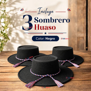 Pack 3 Sombreros Huaso Negro Tradicional Bandera Chile Fiestas Patrias