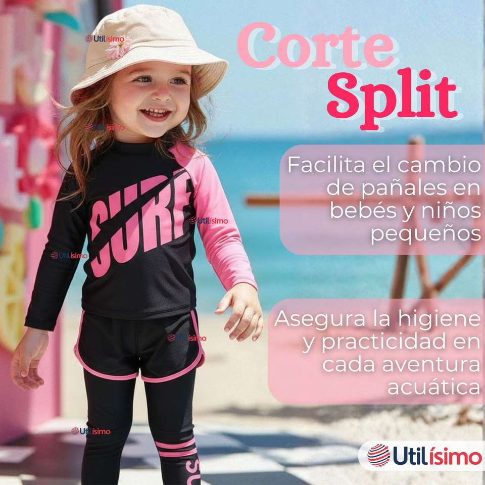 Traje de Baño Manga Larga Pantalón Largo Pantalón Corto 3 Piezas Corte Split Niña 3 a 11 años Black Surf