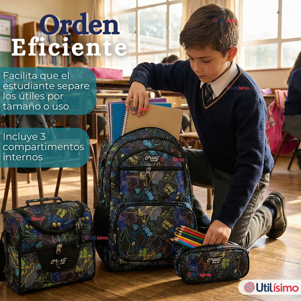 Mochila Escolar + Estuche + Lonchera 45cm Tela Oxford Estampado de Dinosaurio Niño