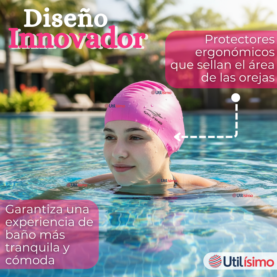 Gorro Natación Baño Con Protector De Orejas Silicona Color Rosado 12 años en adelante
