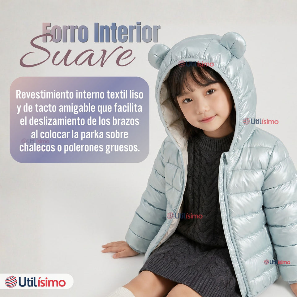 Parka Bebé Niña Celeste Térmica Acolchada Con Orejitas Sweet Sky