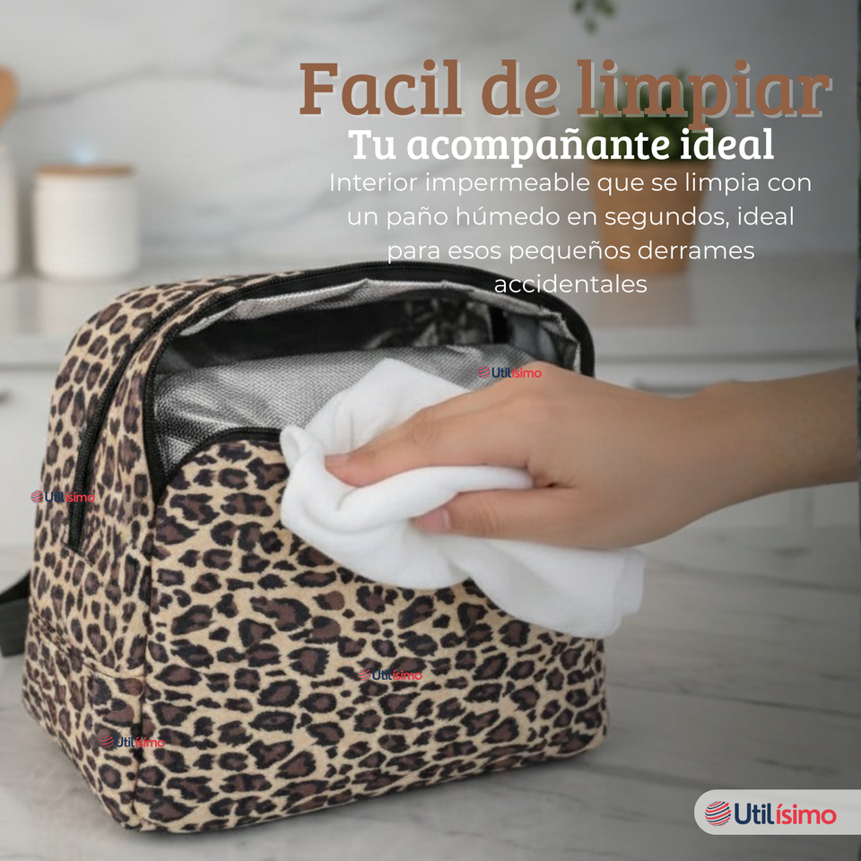 Mochila Bolso Animal Print Con Estampado De Leopardo + Lonchera + Estuche Escolar Niña 42Cm